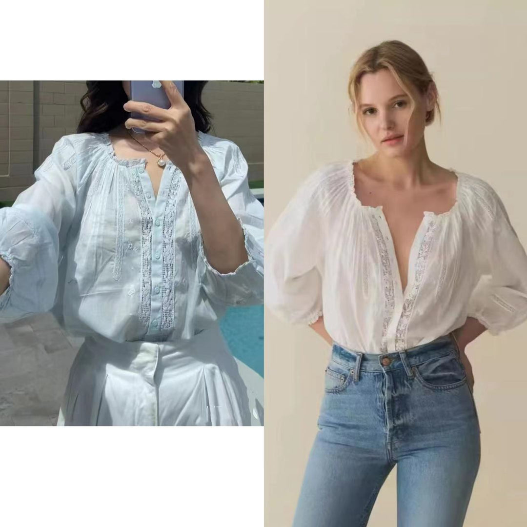 Dame Løs Bluse med fine Broderier og Knapliste Stilla