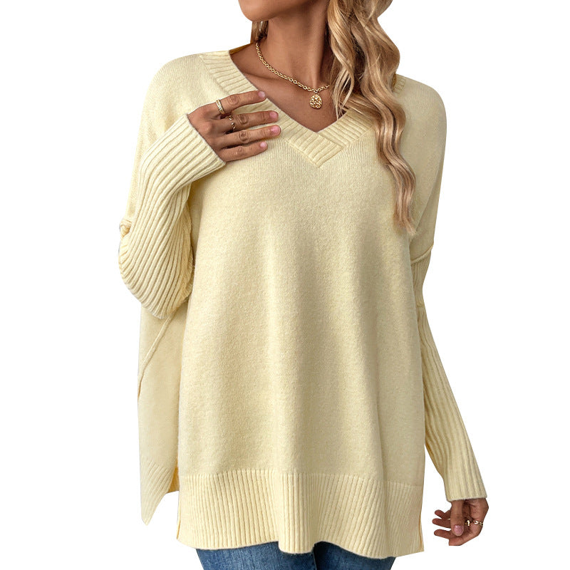 Dame afslappet sweater med dyb V-udskæring og struktureret ribdesign Stilla
