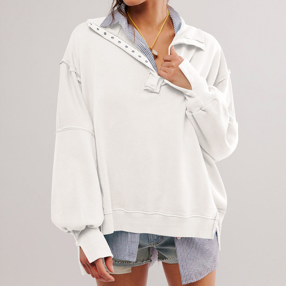 Dame afslappet sweater med trendy krave og knapstand Stilla