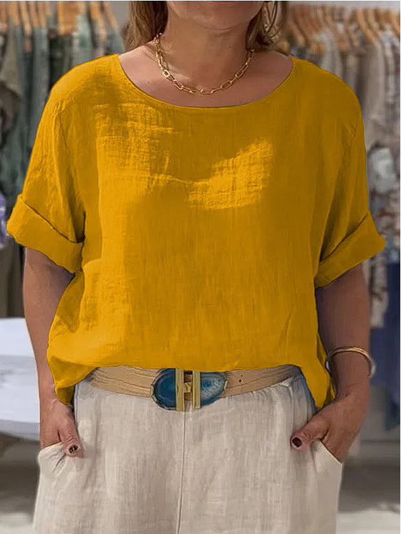 Dame Letvægt Linne Bluse med Casual Snit og Oprullede Ærmer Stilla