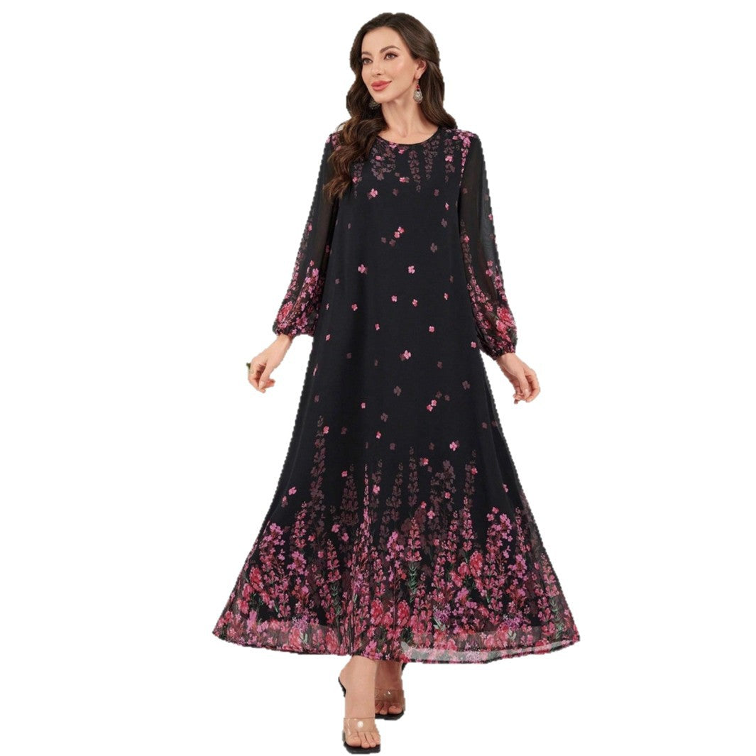 Dame maxikjole med blomster chiffon design og voluminøse ærmer Stilla