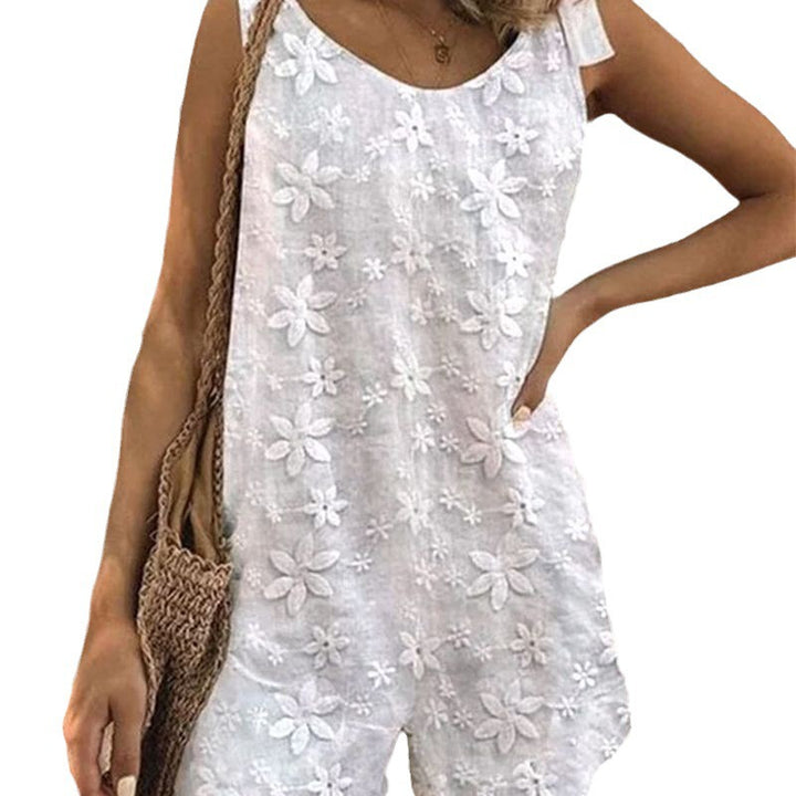 Dame nan let kort overall med floral tredimensionel broderi, justerbare bindebånd og løs A-linje silhuet Skovae
