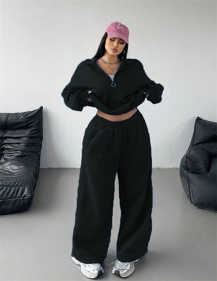 Damerne komfortable fleece loungewear sæt med løs pasform og halvlængde lynlås Skovae