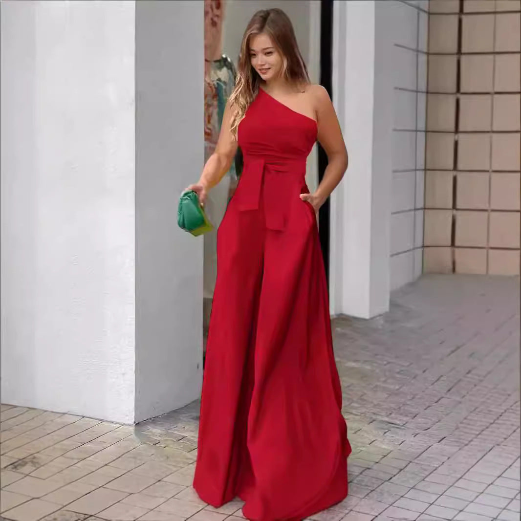 Dame Elegant En-skulder Jumpsuit med bælte og bredt ben Skovae