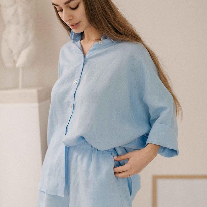 Dame Lækkert Linned Sæt med løs Bluse og Shorts Stilla