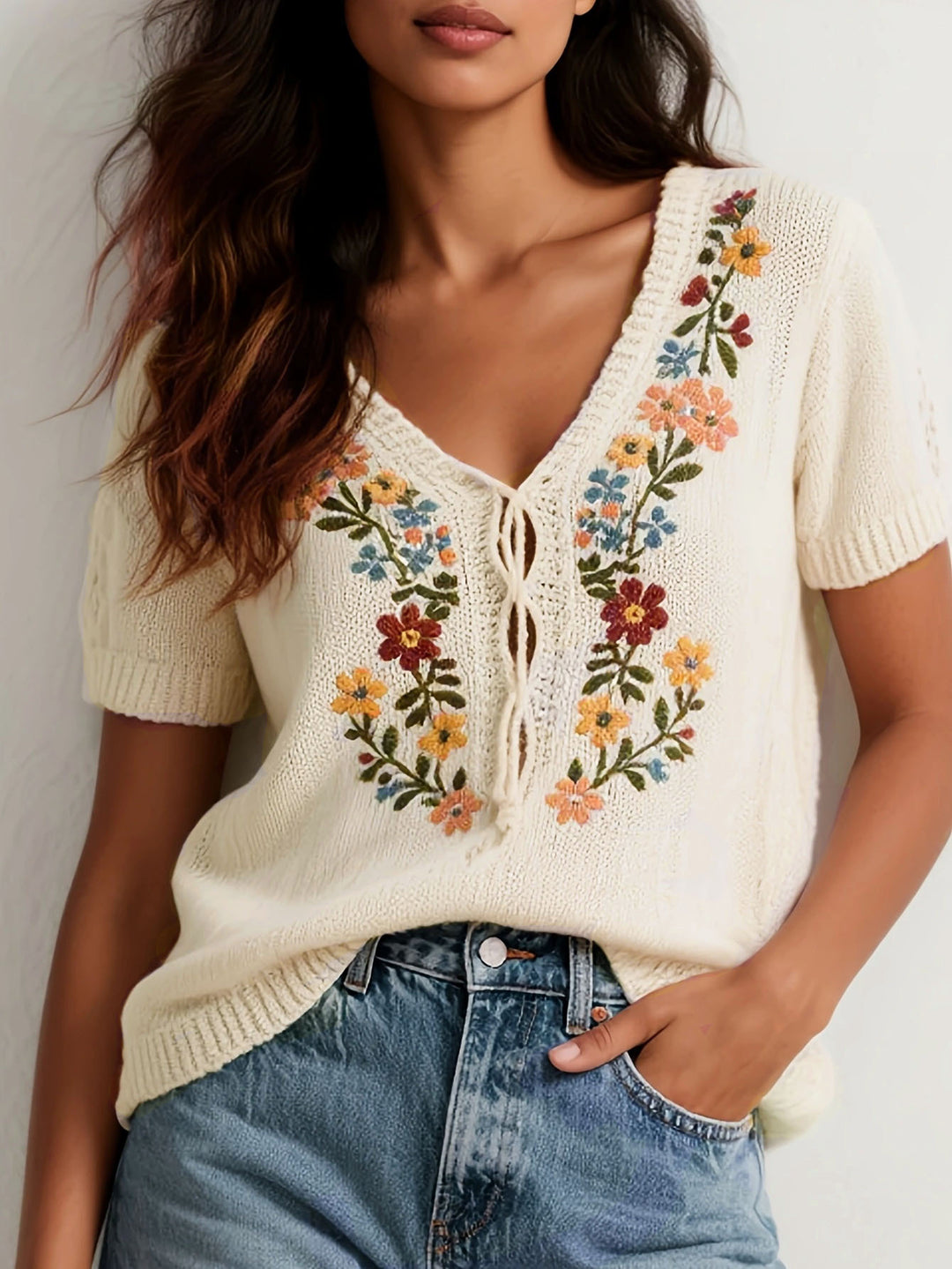 Femme Floral Broderet Strikbluse Stilla