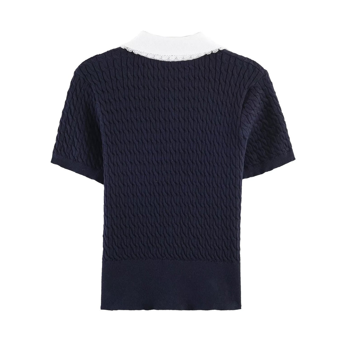 Dame strikbluse med elegant kraveudsmykning Skovae