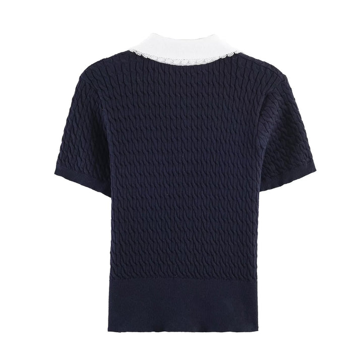 Dame strikbluse med elegant kraveudsmykning Skovae