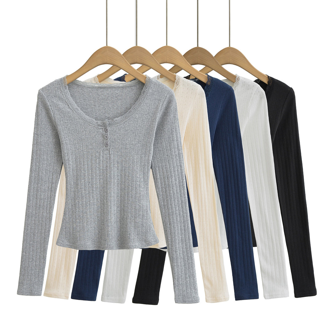Dame Langærmet skjorte med elegant blondekrave og figurformende ribdesign Stilla