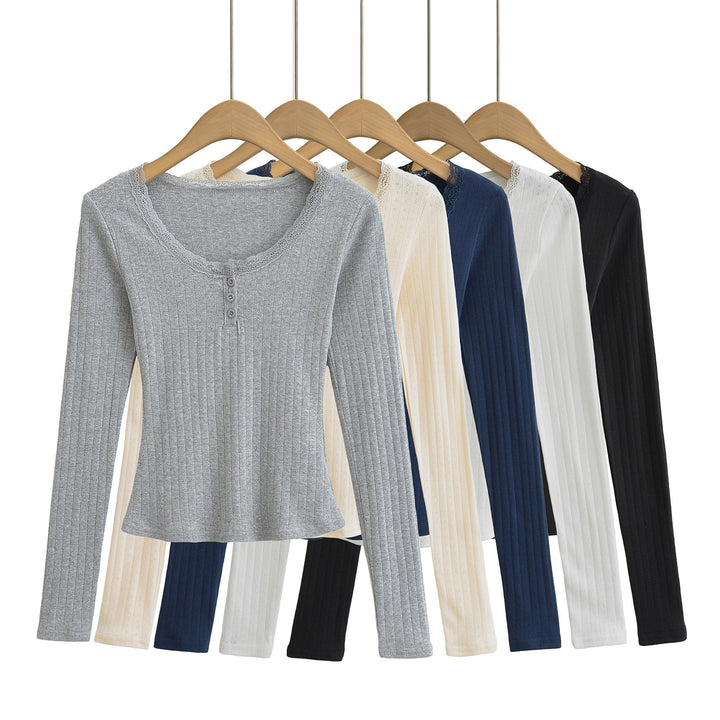 Dame Langærmet skjorte med elegant blondekrave og figurformende ribdesign Stilla