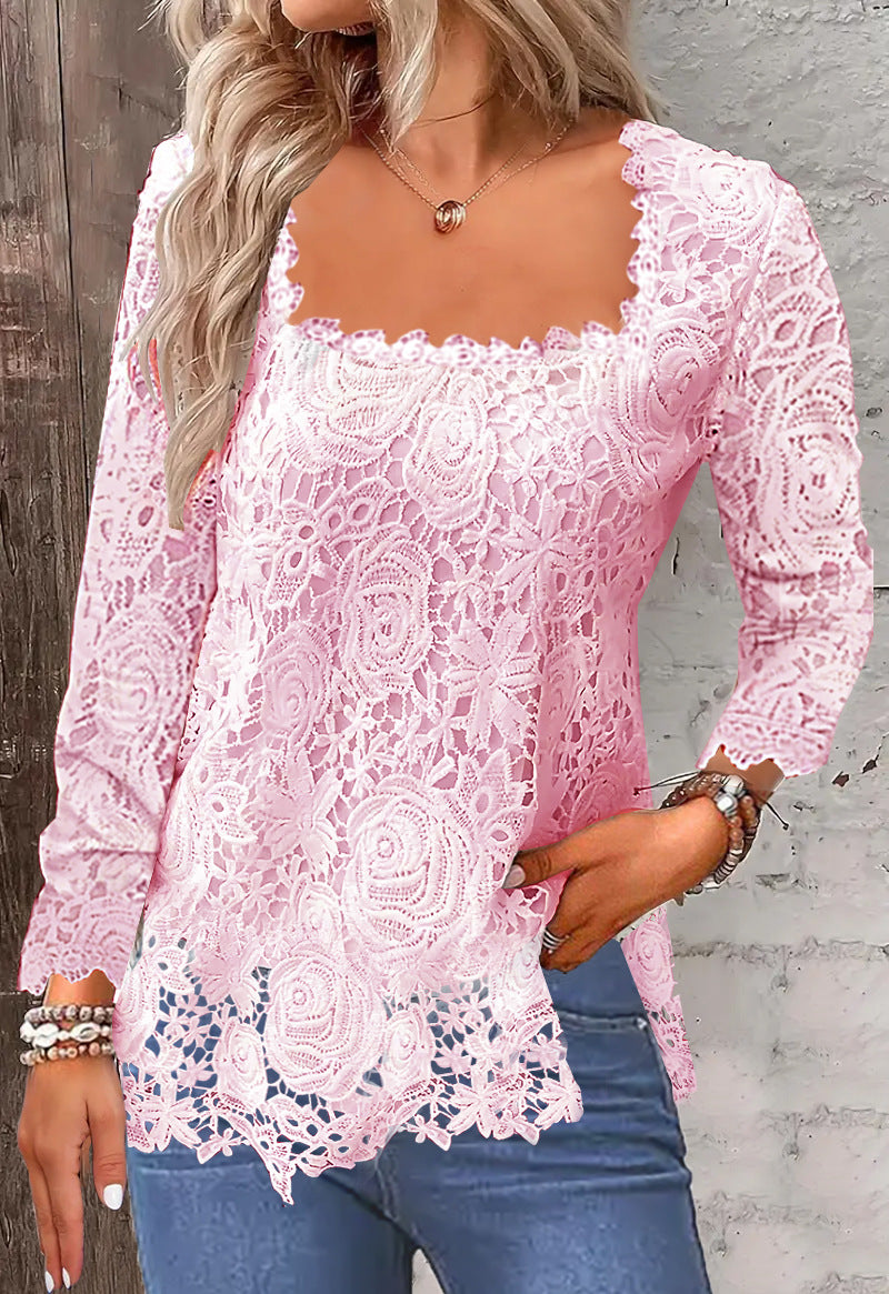 Dame spidsbluse med elegant firkantet udskæring og florale motiver Stilla