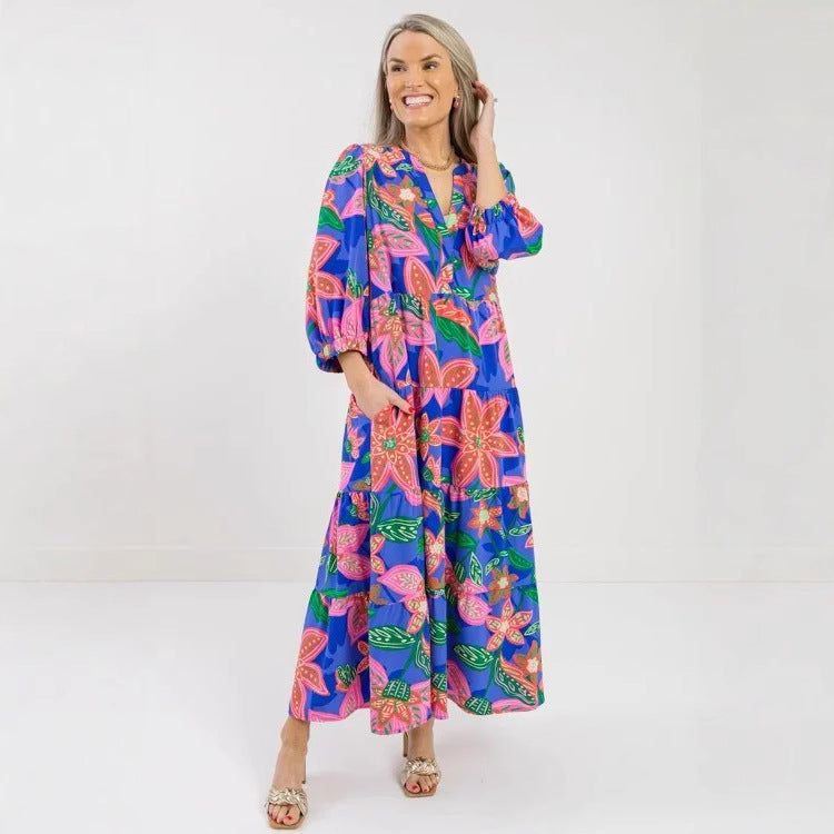 Dame Maxikjole med farverigt blomsterdesign Stilla