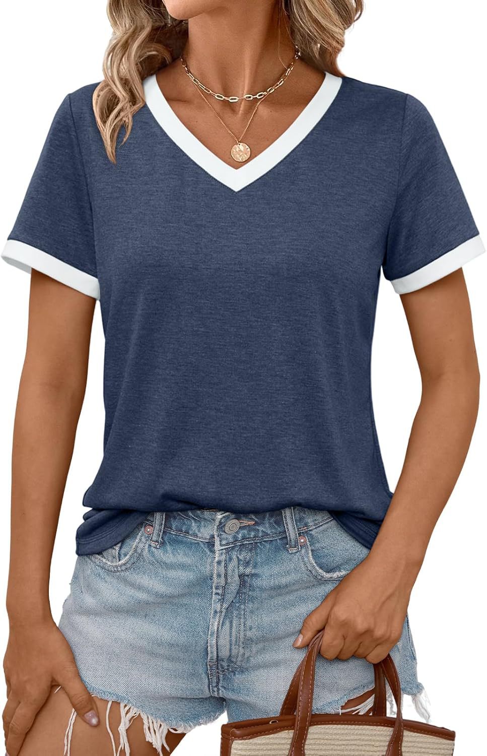 Kvinder Casual V-udskæring T-shirt med kontrastdetaljer Stilla
