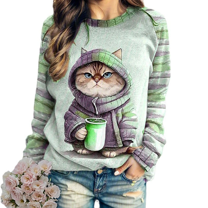 Damer med afslappet sweatshirt med stort kattefrontprint og stribede raglanærmer Skovae