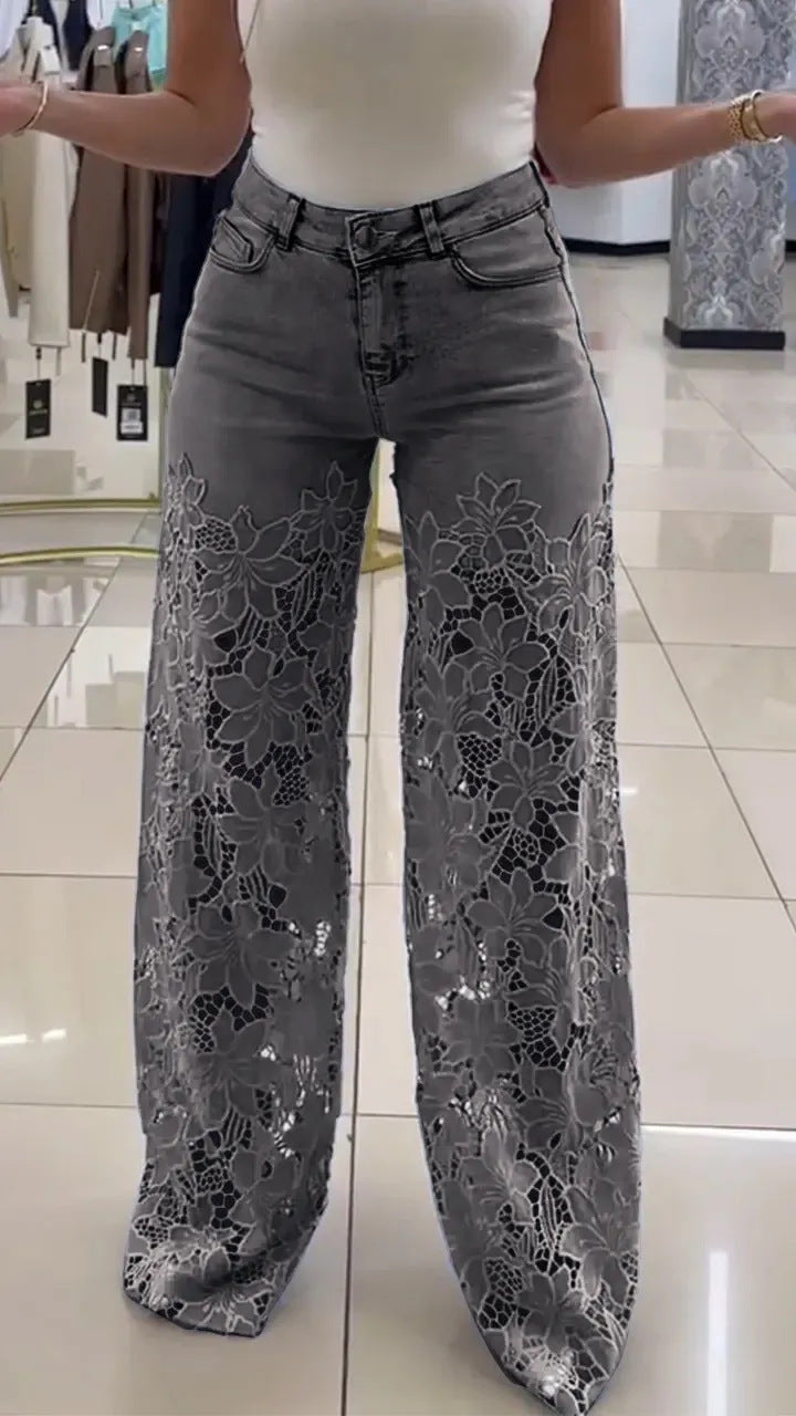 Dame jeans med florale spidsapplikationer Stilla