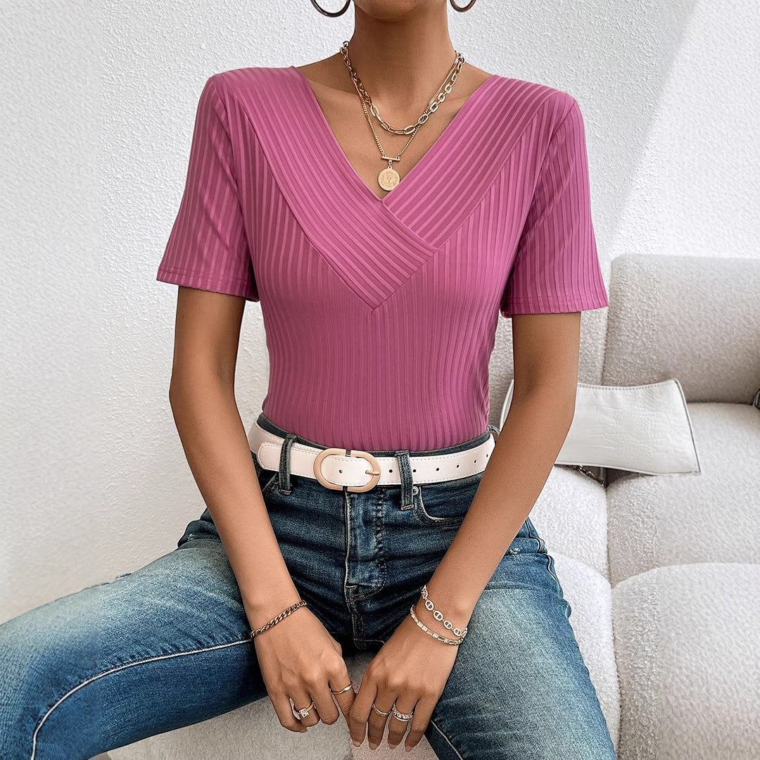 Women Elegant T-Shirt med V-Hals og Plisseret Struktur Stilla