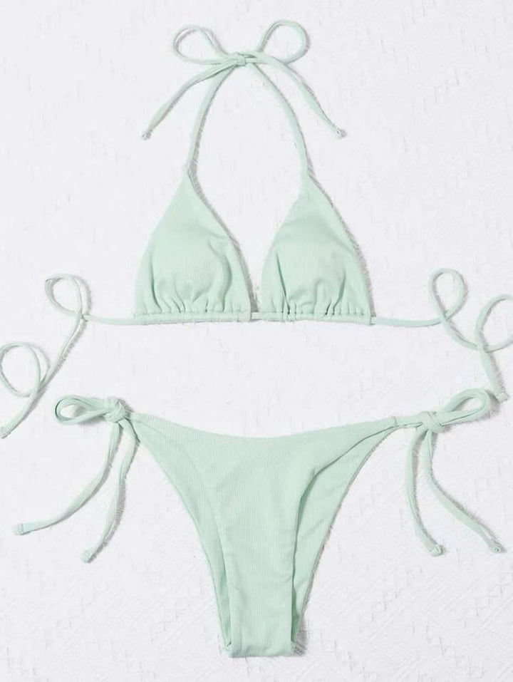 Dame Triangel-Bikini-Sæt med Justerbare Bindebånd og Ribbet Design Skovae