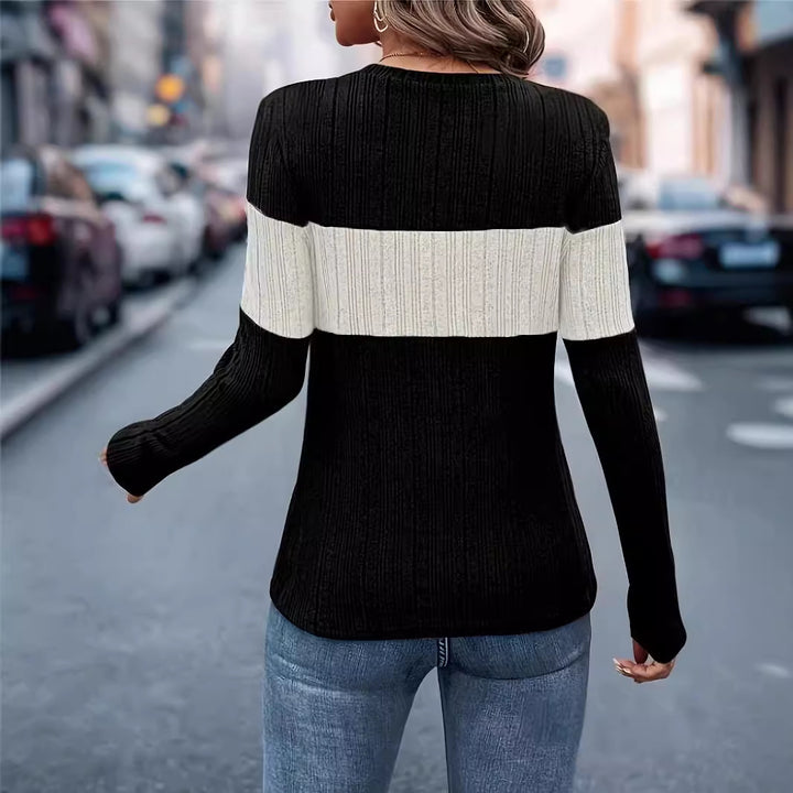 Dame ribstrikpullover med farveblokmønster Stilla