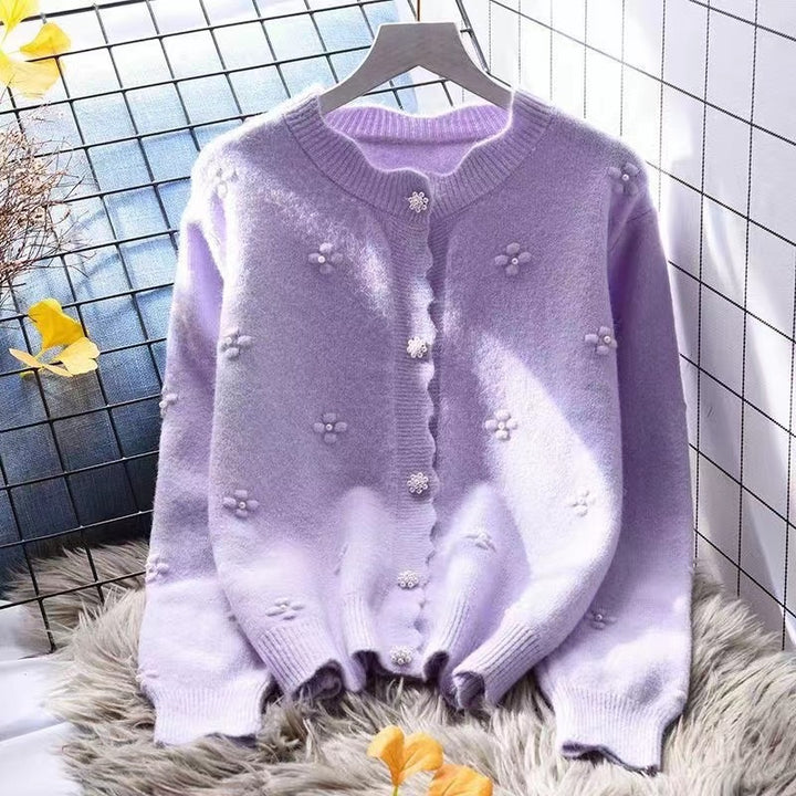 Kvinders hyggelige cardigan med blomsterapplikationer Stilla