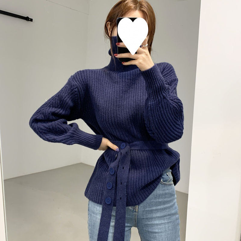 Kvinders chunky strikket sweater med høj krave og bælte i taljen Stilla