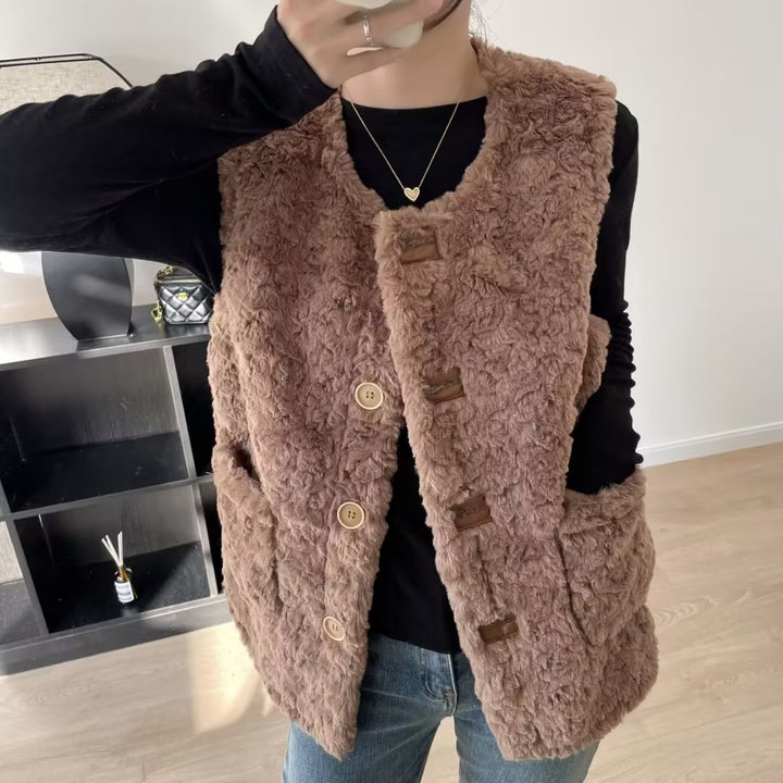 Kvinders hyggelige teddy vest med store lommer Stilla