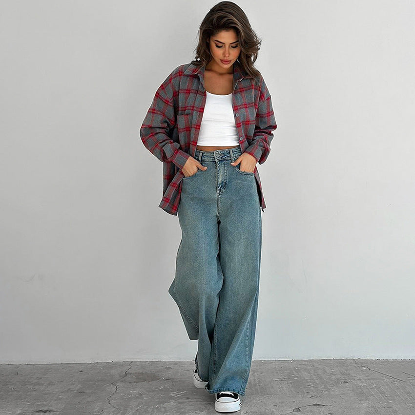 Dame Tjekket Flannel Skjorte med afslappet snit og casual oversized design Stilla