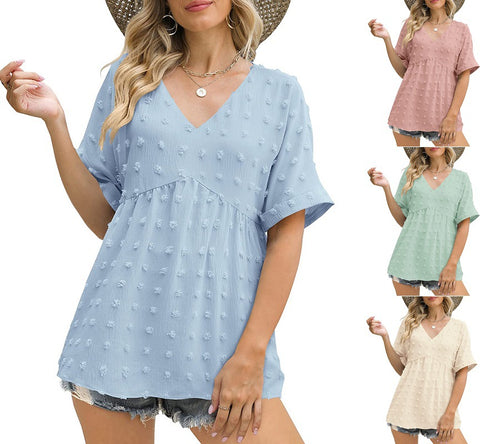 Dame V-hals bluse med prikket design Stilla