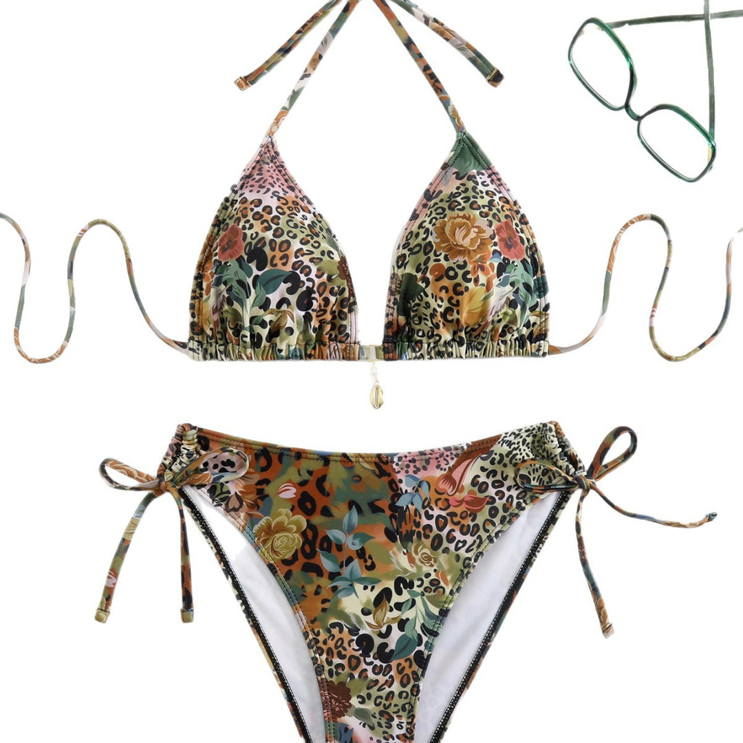 Dame triangel-bikini-sæt med blomsterligt leopardmønster Skovae