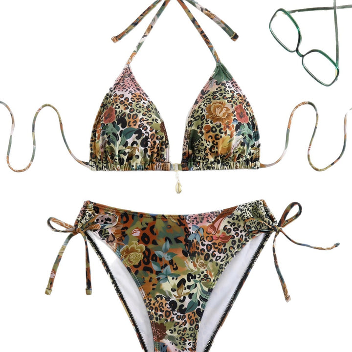Dame triangel-bikini-sæt med blomsterligt leopardmønster Skovae