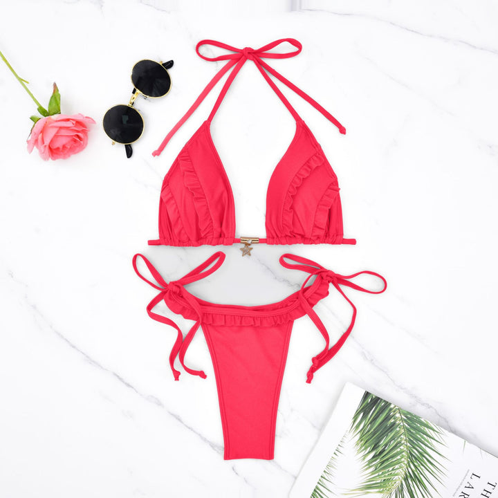 Dame Triangel-Bikini med flæsedetaljer og justerbare snørebind Skovae