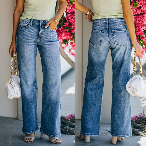 Dame Bredskåret jeans med høj talje og komfortabelt gummibånd Stilla