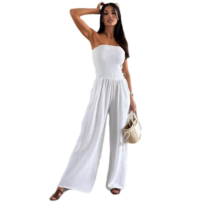Dame Modischer Jumpsuit med skulderfri pasform og bredt ben Stilla