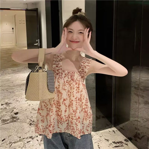 Damerne blouse top med legende blomster mønster og elastisk øverste del