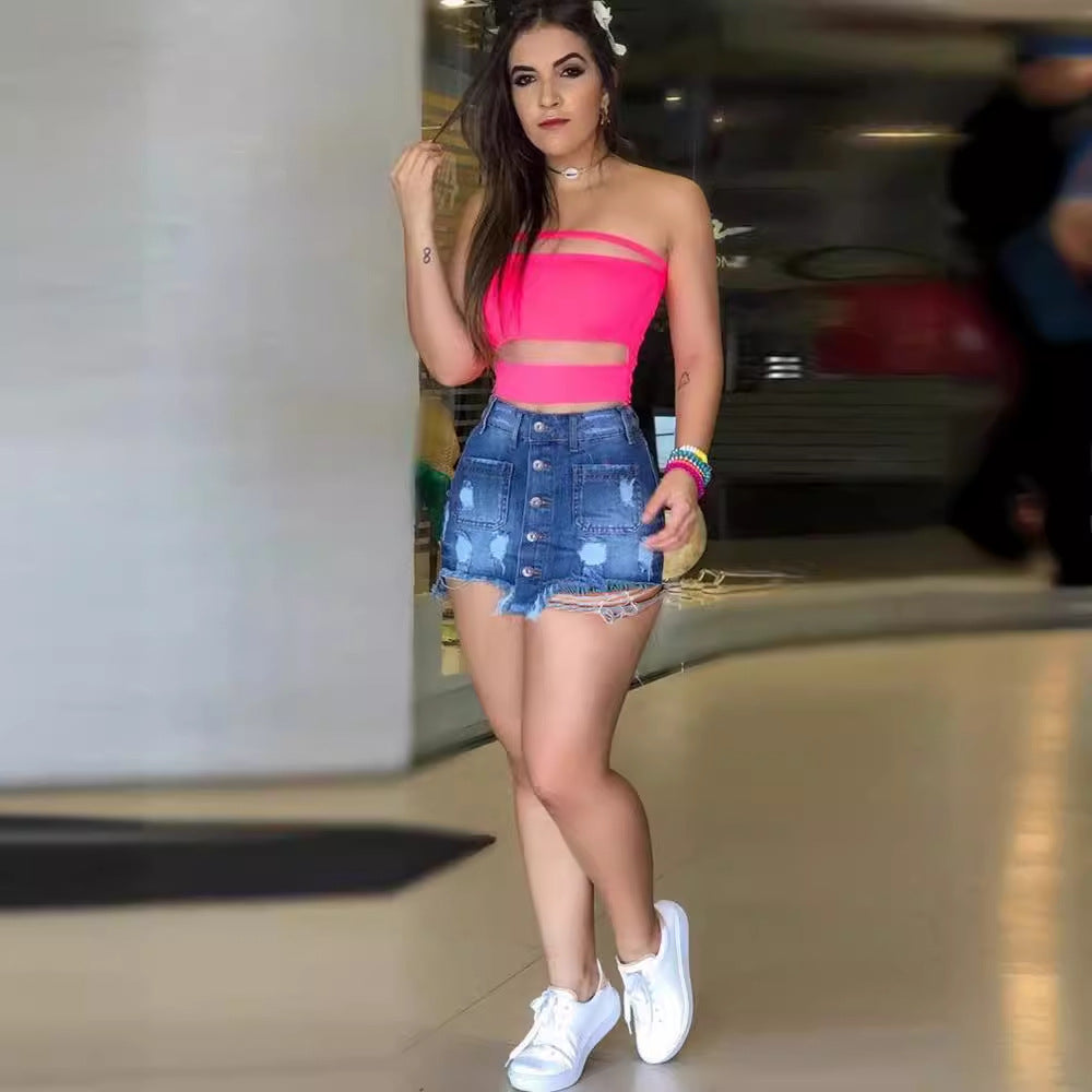 Kvinder Trendy Cropped Top og Denim Mini Skørter Stilla