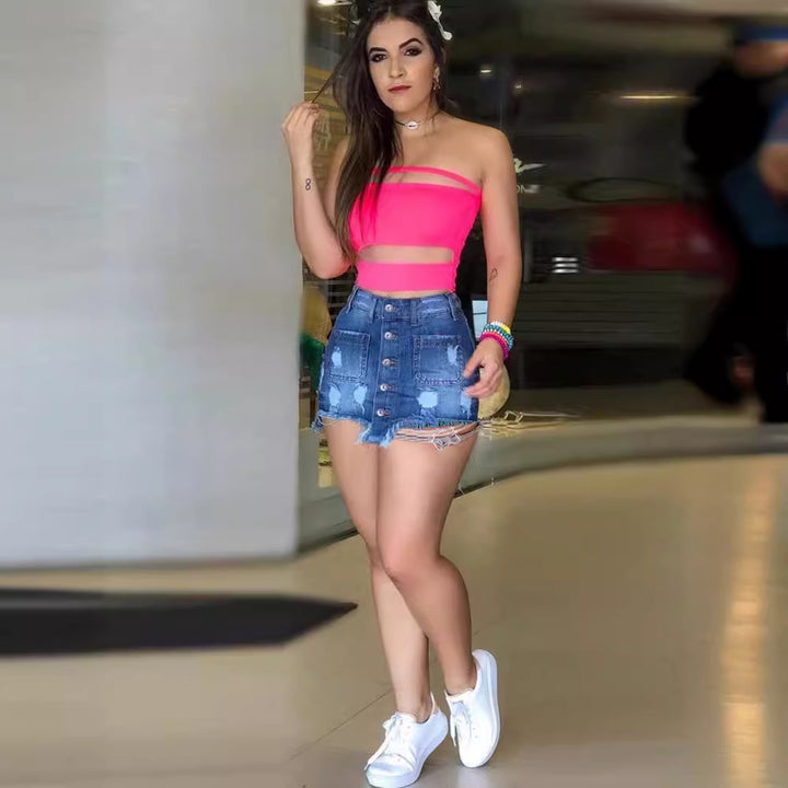 Kvinder Trendy Cropped Top og Denim Mini Skørter Stilla