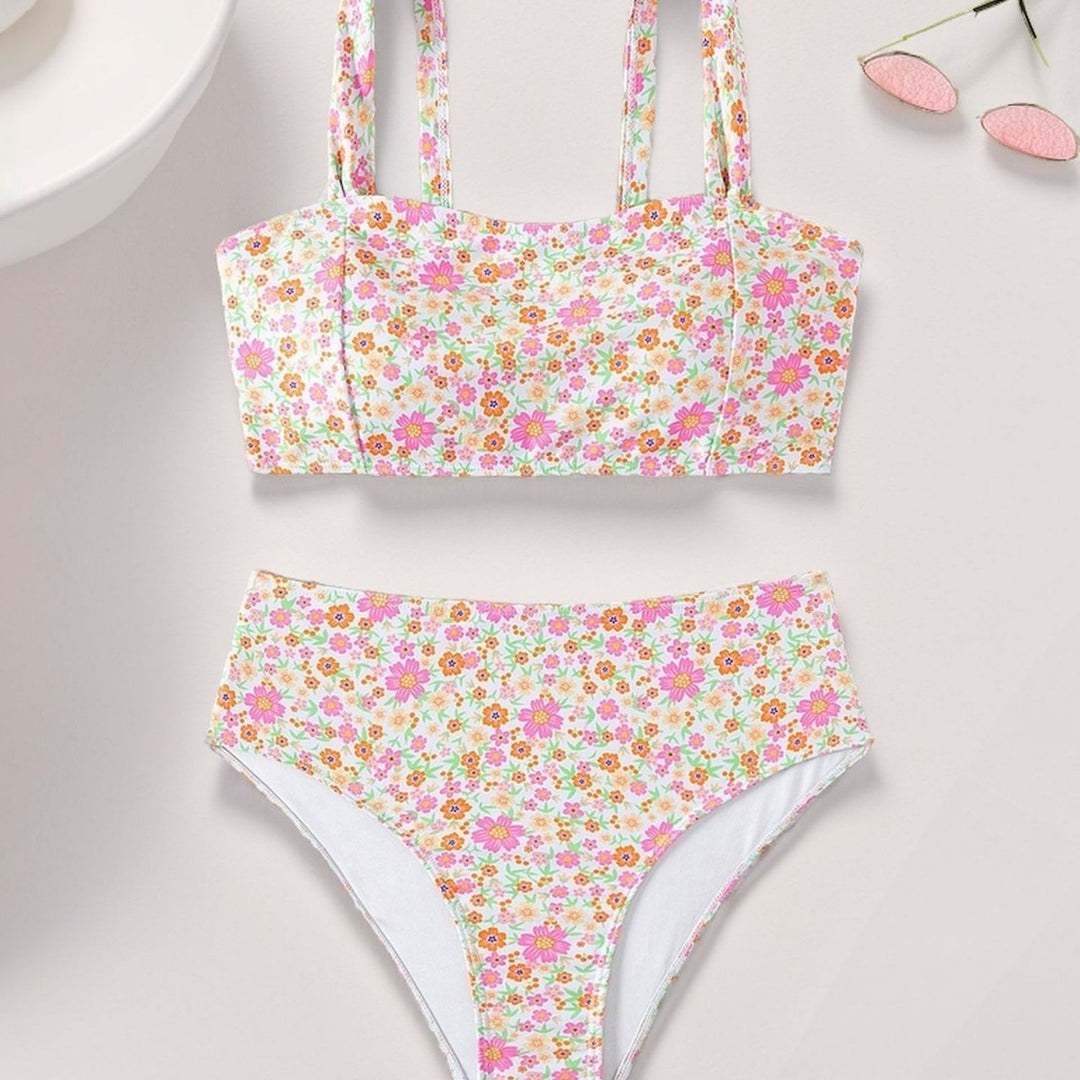 Dame Højskåret Bikini med Blomsterdesign og Brede Stropper Stilla