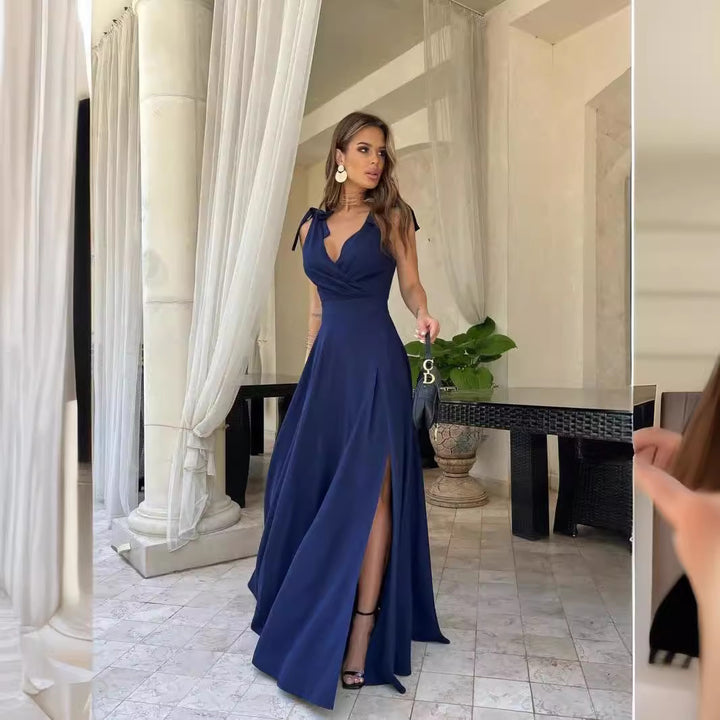 Dame Elegant Maxi-kjole med sideslids og bindebånd Stilla