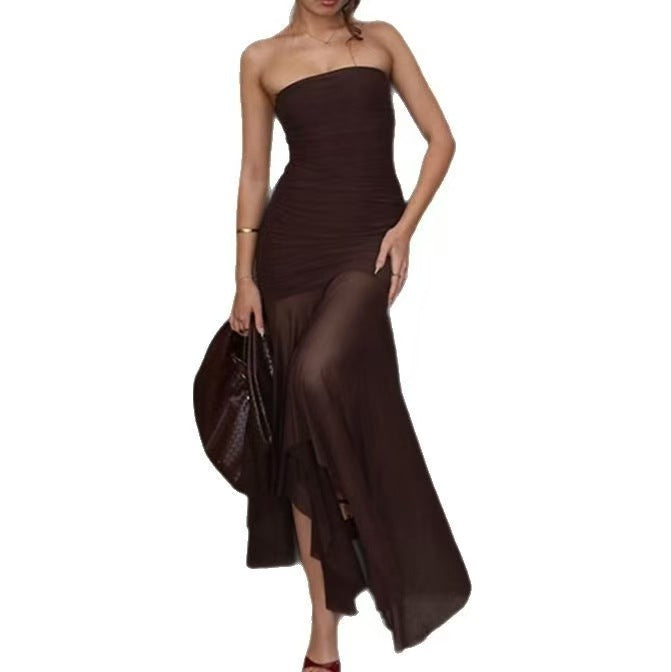 Dame strapless maxikjole med elegant drapering og gennemsigtig skørt Skovae