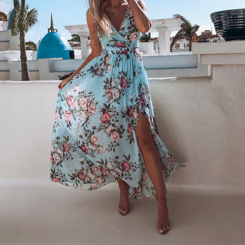 Dame maxikjole med blomsterdesign og elegant slids Stilla