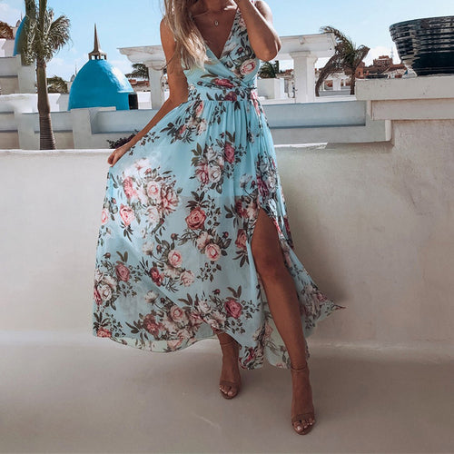 Dame maxikjole med blomsterdesign og elegant slids Stilla