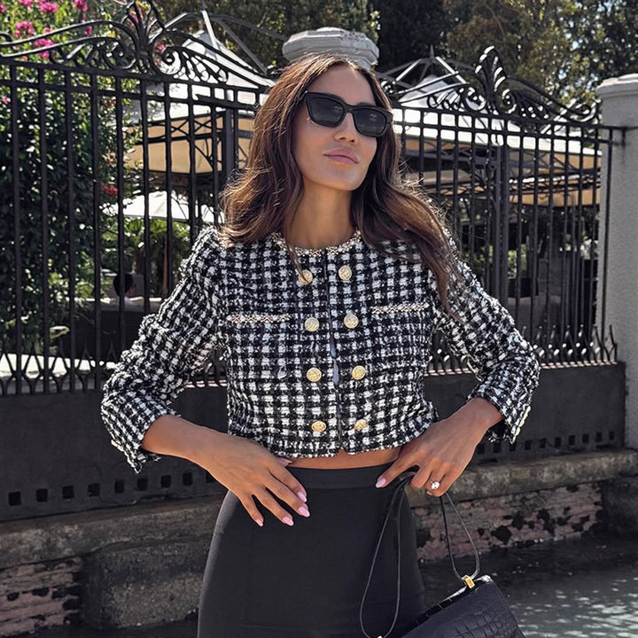 Dame Fashionable Tweed Jakke med gyldne Knapper Stilla