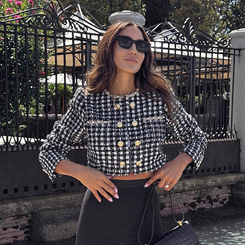 Dame Fashionable Tweed Jakke med gyldne Knapper Stilla