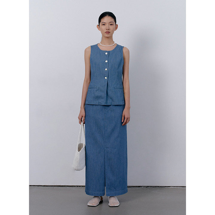 Dame Midikjole lavet af højkvalitets denim med høj talje og elegant trompetlook Stilla
