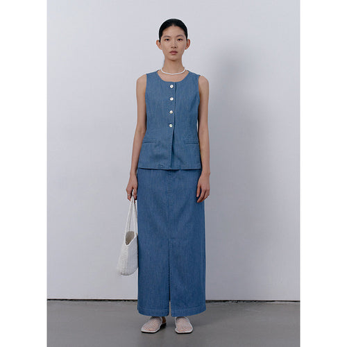 Dame Midikjole lavet af højkvalitets denim med høj talje og elegant trompetlook Stilla