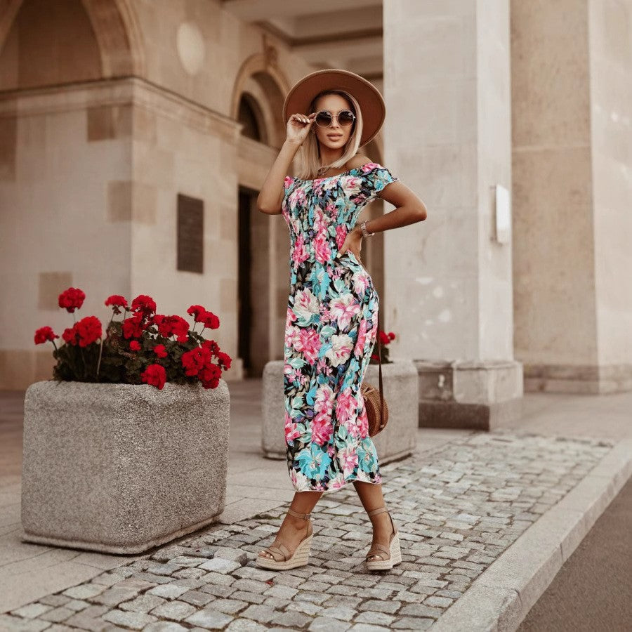 Dame maxikjole med blomster V-udskæring og svingende skirt Stilla