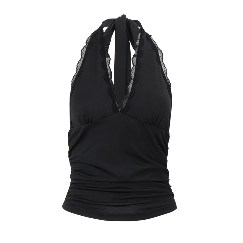Dame Halterneck-top med elegant spidsdetailed og figurskabende design Stilla