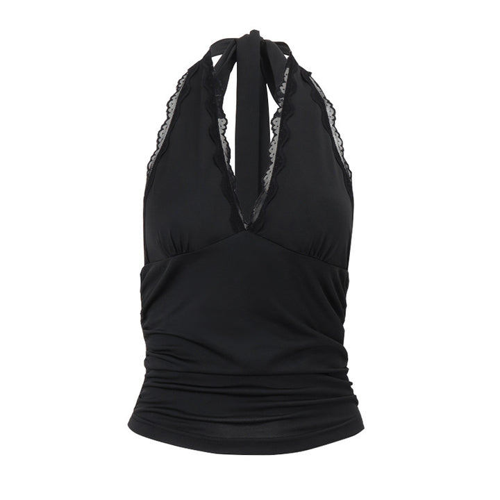 Dame Halterneck-top med elegant spidsdetailed og figurskabende design Stilla