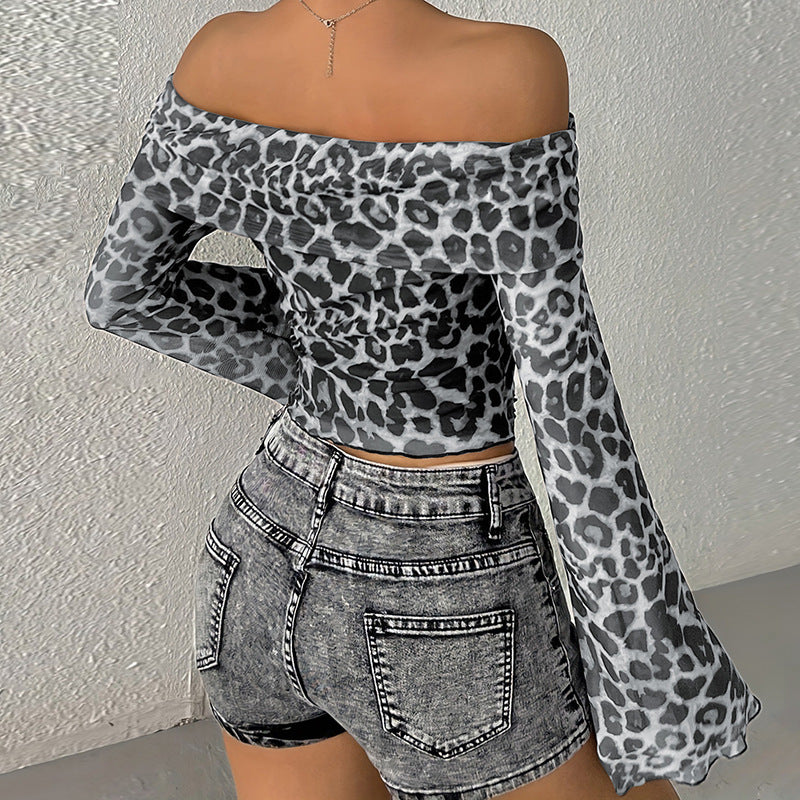 Dame Off-Shoulder Top med lange ærmer i animal-print Stilla