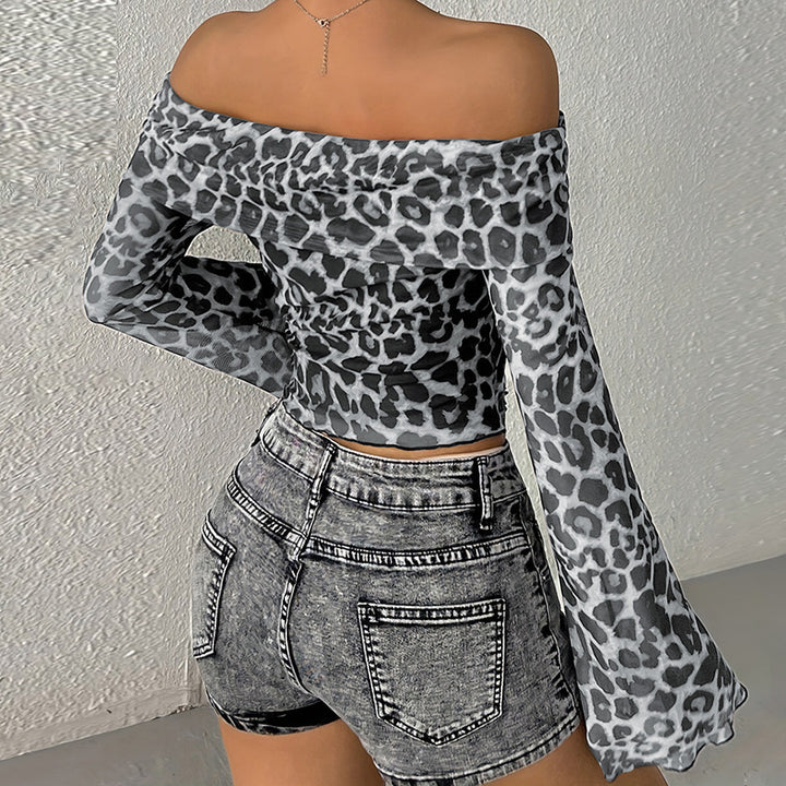 Dame Off-Shoulder Top med lange ærmer i animal-print Stilla