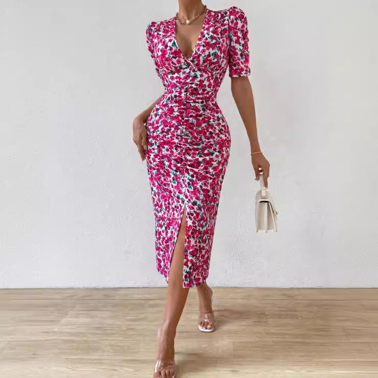 Dame omslagskjorte med elegante puffærmer og blomstermotiv Stilla